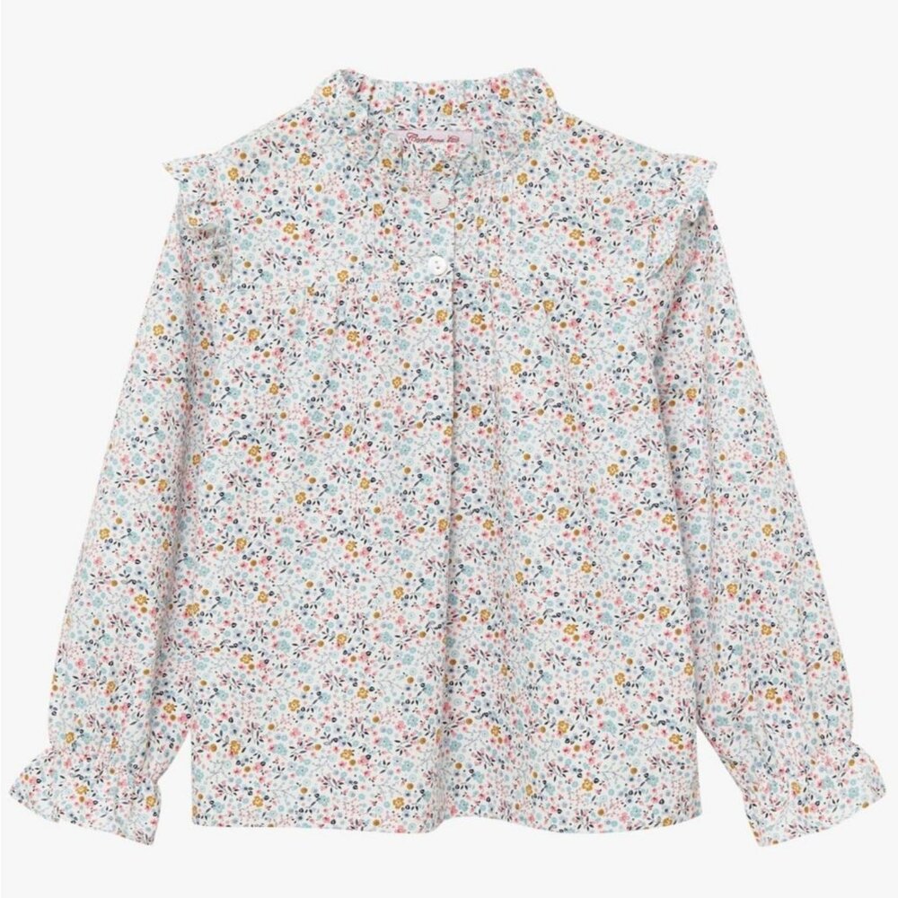 NWT TROTTERS LONDON CONFITURE Organic Cotton Ditsy Ruffle Blouse Long Sleeve Top